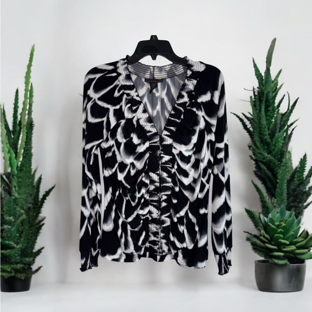 Attention Black and White Ruched Ruffled Blouse size L